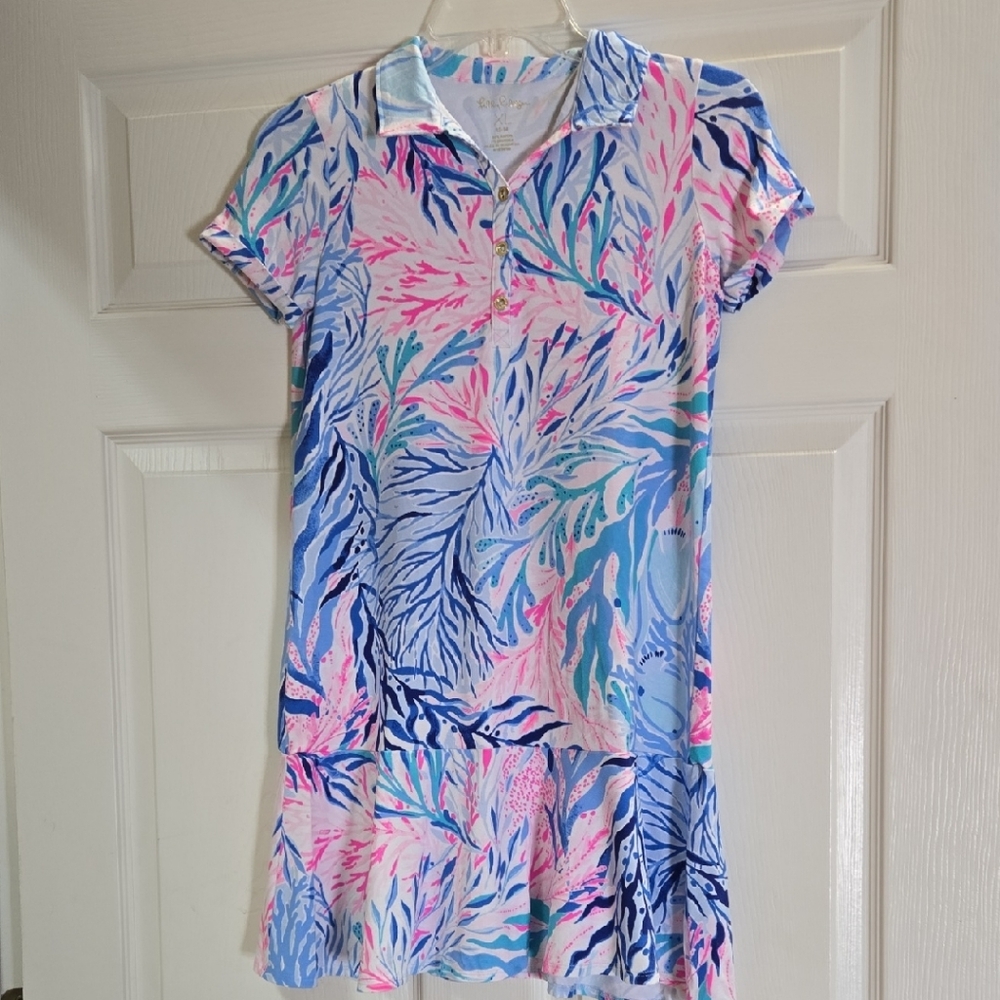 Girls Lilly Pulitzer Pink and Blue Flutter Sleeve Sundress